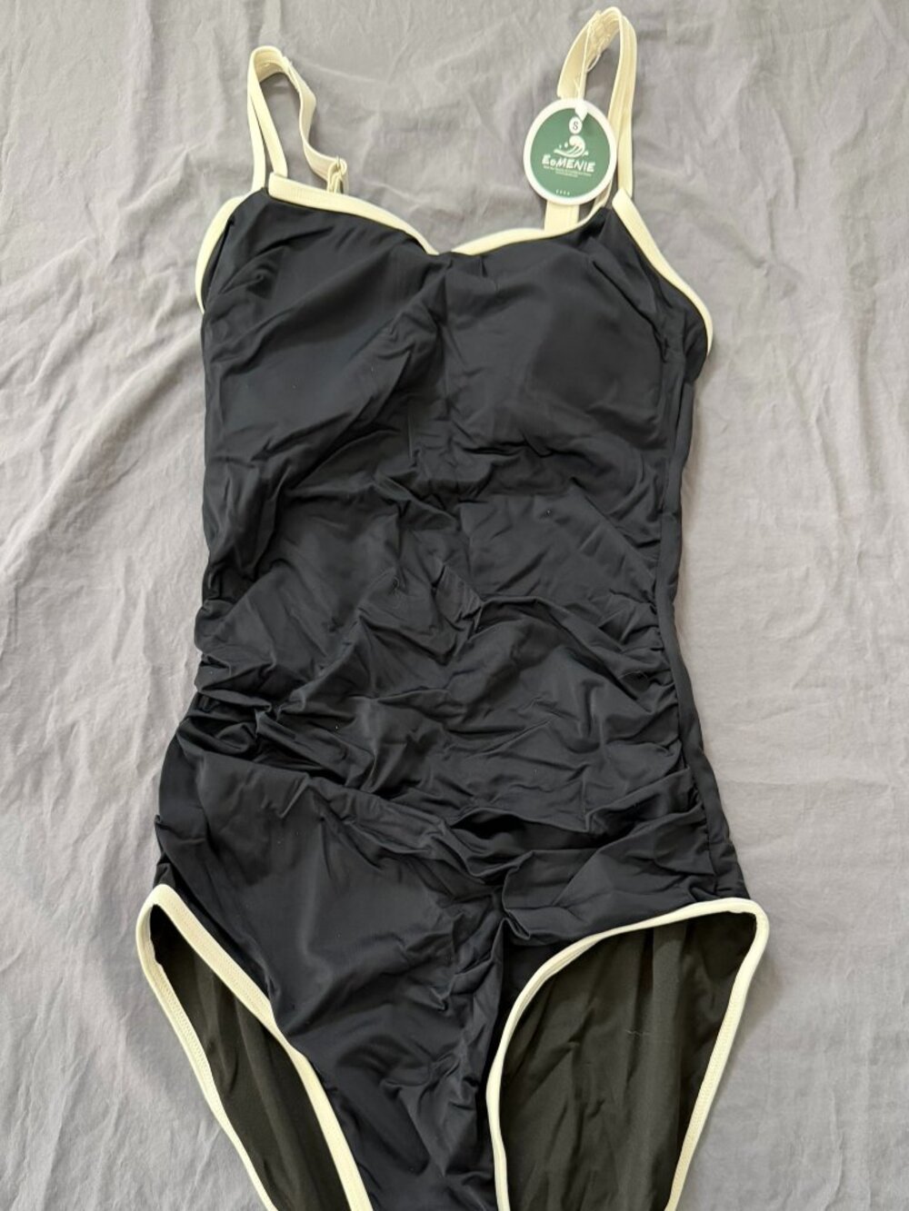 Eomenie Women's One Piece Swimsuit, Black with White Trim, Small